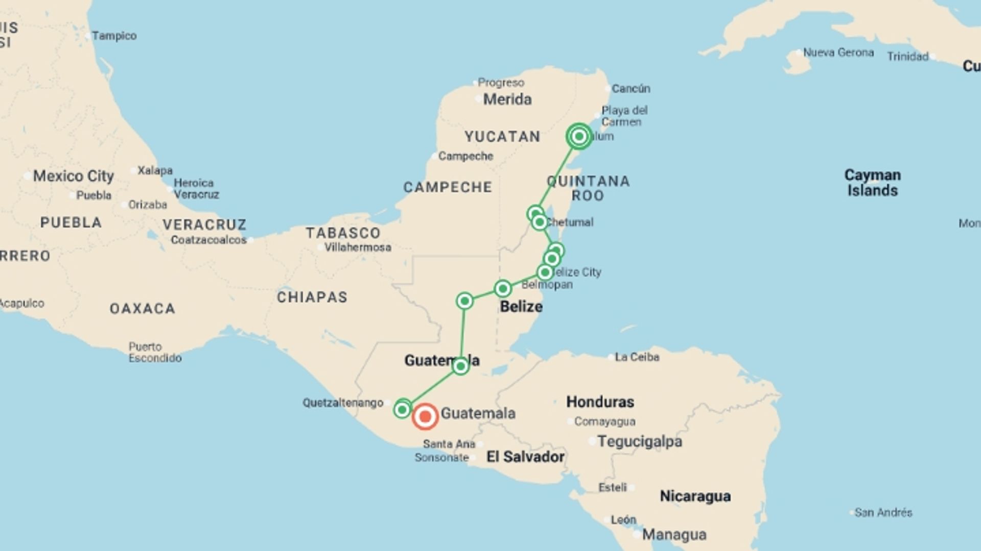 A map showing the tour itinerary for the trip: Tulum to Antigua, starting in Tulum, Mexico and ending in Antigua, Guatemala going through 7 other destinations.