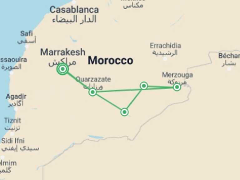 Map of 8-Day Marrakech Tour with 5 destination visits for the trip: Atlas Mountains - Tracks Of The Nomads, Spanish-speaking Guide