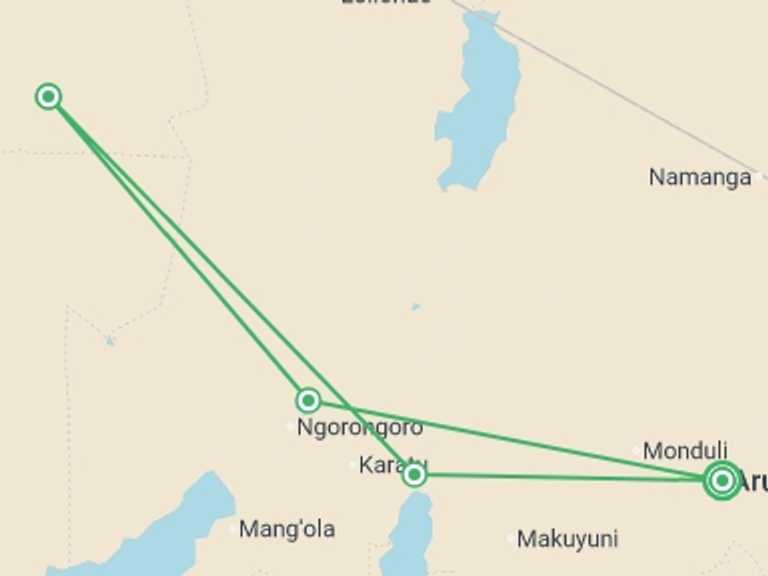 Map of Tanzania Tour with 4 destination visits for the trip: Essential Tanzania