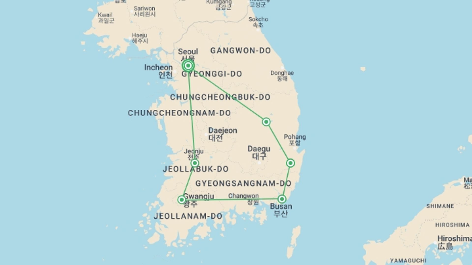 A map showing the tour itinerary for the trip: Discover South Korea, starting in Seoul, South Korea and ending in Seoul, South Korea going through 4 other destinations.