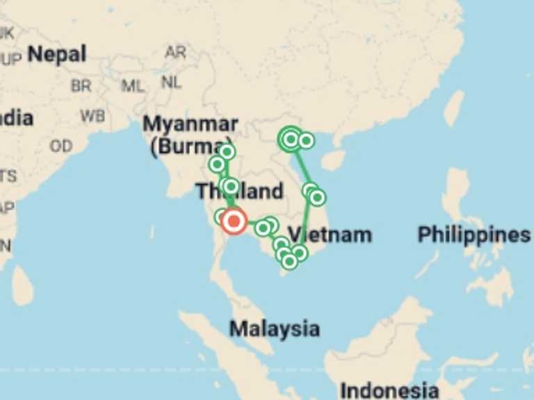 Map of Asia Tour with 14 destination visits for the trip: Ultimate Vietnam & Cambodia & Thailand ends Bangkok (4 Star Hotels)
