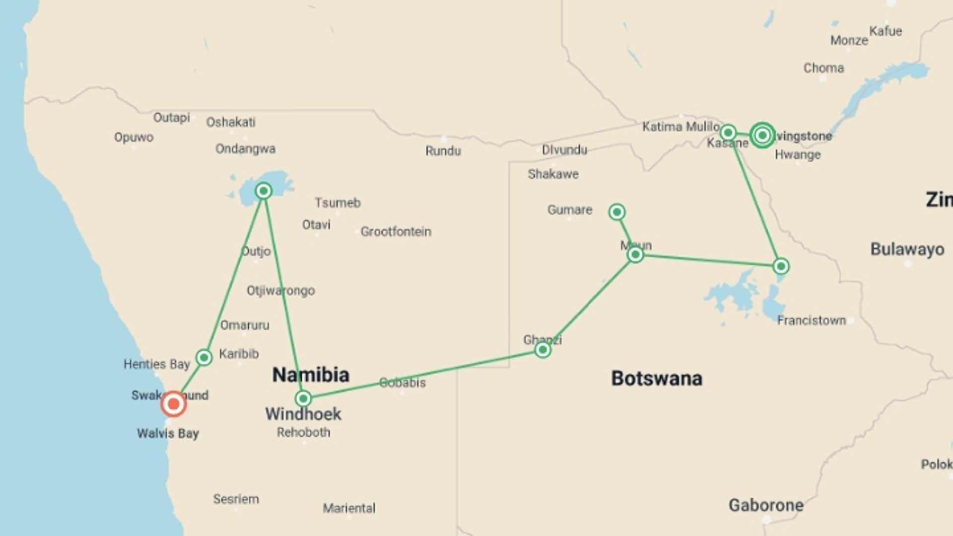 A map showing the tour itinerary for the trip: 12-day Okavango Delta  Etosha Express Accommodated, starting in Livingstone, Zambia and ending in Swakopmund, Namibia going through 8 other destinations.