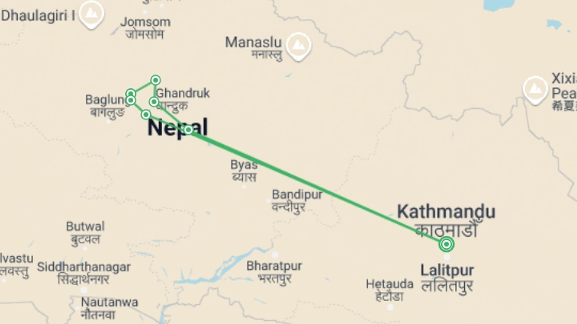 A map showing the tour itinerary for the trip: Annapurna Discovery, starting in Kathmandu, Nepal and ending in Kathmandu, Nepal going through 7 other destinations.