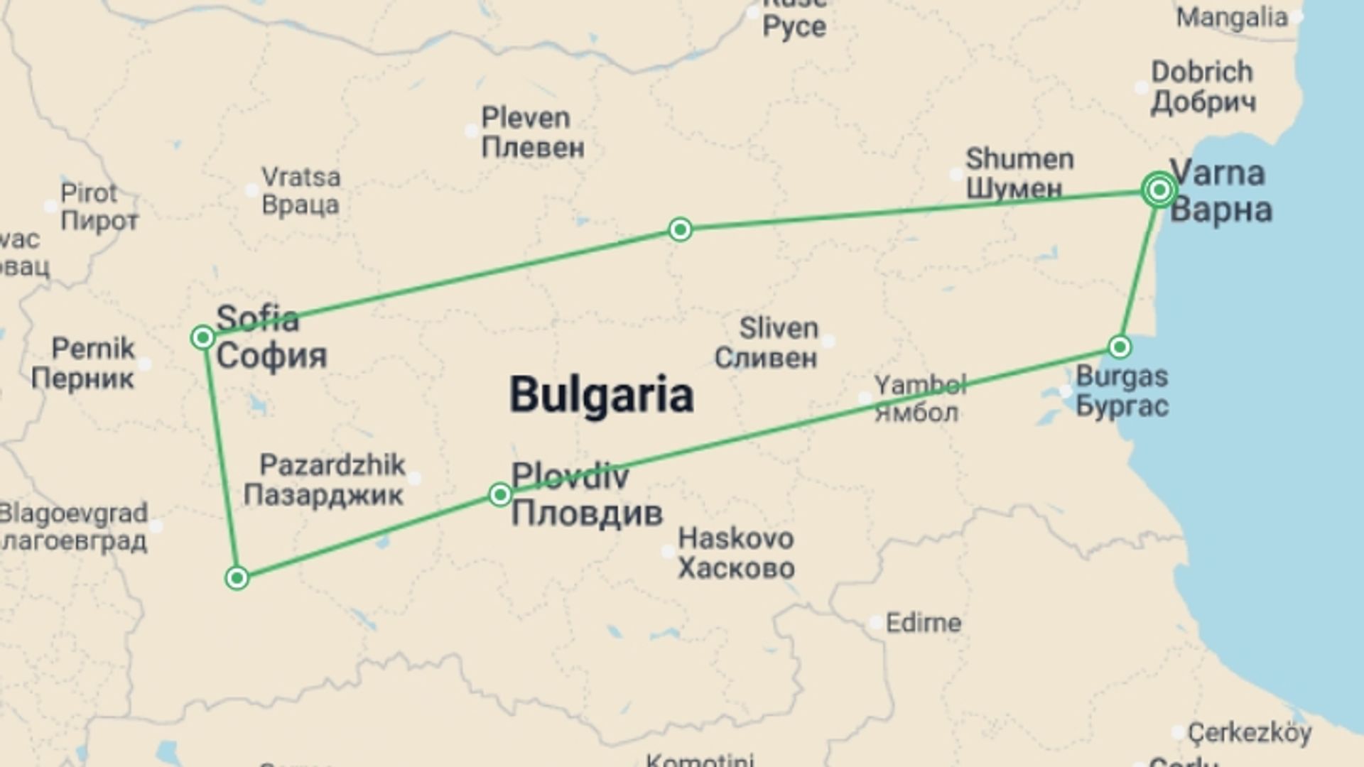A map showing the tour itinerary for the trip: Secrets Of Bulgaria, Spanish-speaking Guide, Private Tour, starting in Varna, Bulgaria and ending in Varna, Bulgaria going through 4 other destinations.