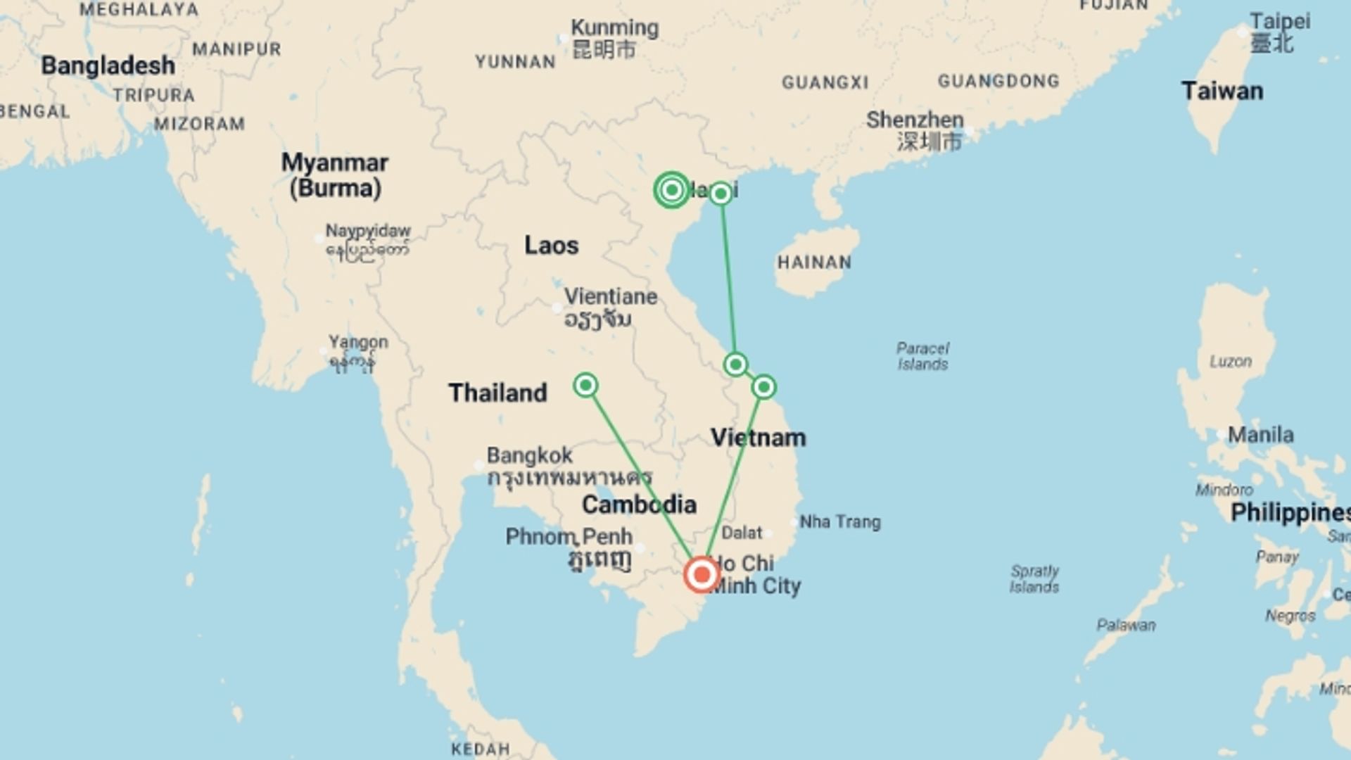 A map showing the tour itinerary for the trip: Classic Vietnam: Hanoi to the Mekong, starting in Hanoi, Vietnam and ending in Ho Chi Minh City, Vietnam going through 4 other destinations.