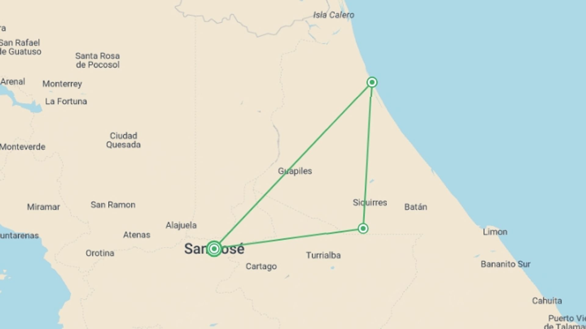 A map showing the tour itinerary for the trip: Tortuguero Trails & Pacuare Rapids 4D/3N, starting in San Jose, Costa Rica and ending in San Jose, Costa Rica going through 2 other destinations.