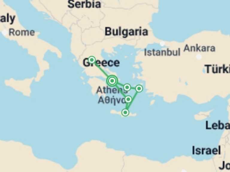 Map of Athens City sightseeing Tour with 4 destination visits for the trip: Athens, Northern Greece and the Beautiful Aegean Ext