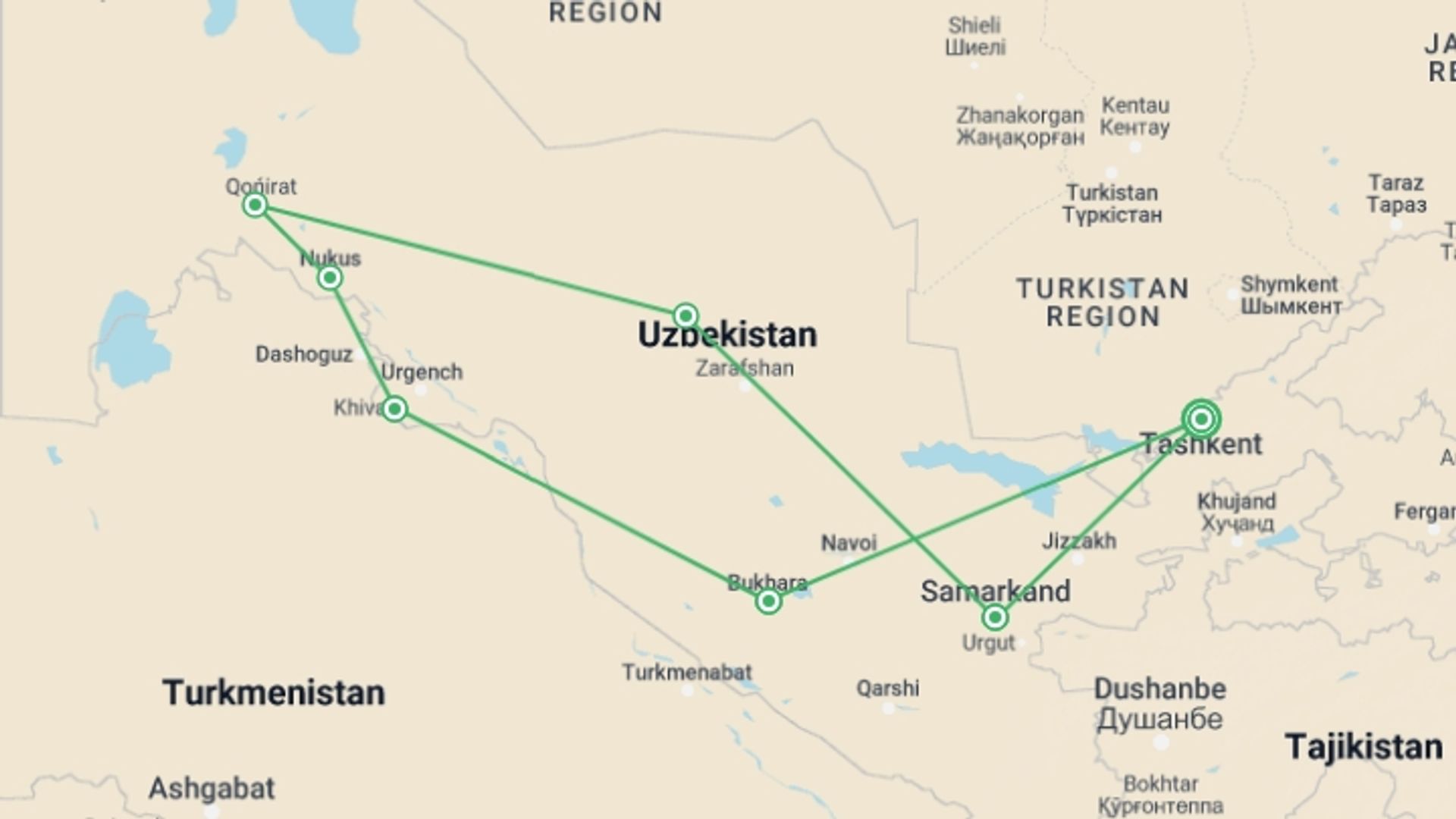 A map showing the tour itinerary for the trip: Uzbekistan Uncovered, starting in Tashkent, Uzbekistan and ending in Tashkent, Uzbekistan going through 6 other destinations.