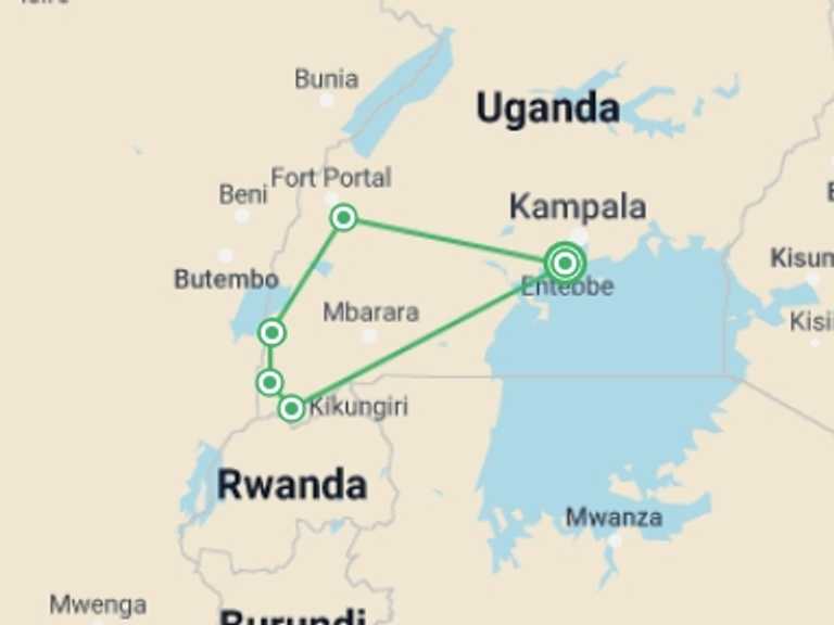 Map itinerary of Uganda Tour in Fall with 5 destination visits for the trip: Primates and Wildlife of Uganda