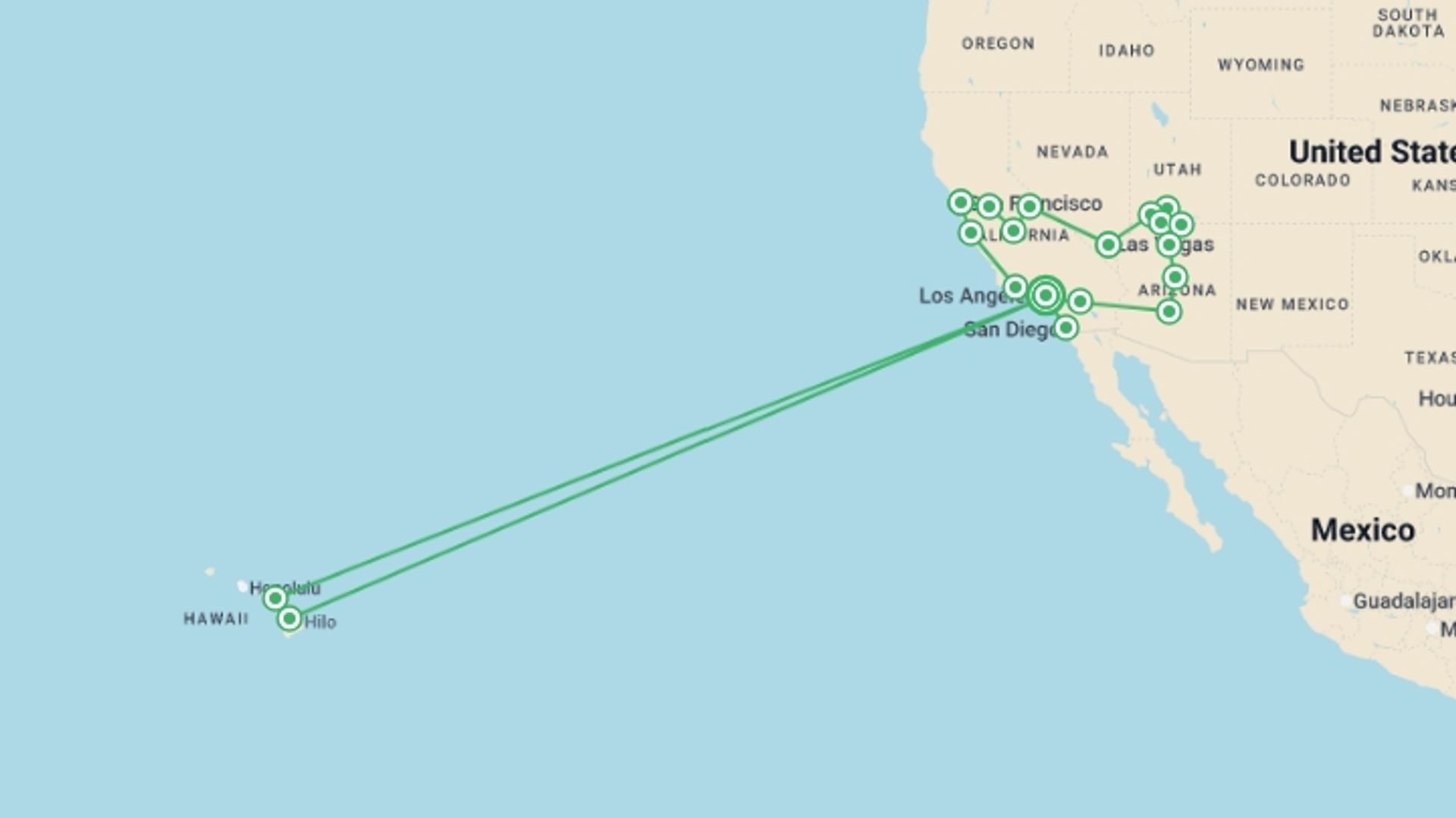 A map showing the tour itinerary for the trip: Los Angeles to Honolulu Loop - 20 days, starting in Los Angeles, USA and ending in Los Angeles, USA going through 8 other destinations.