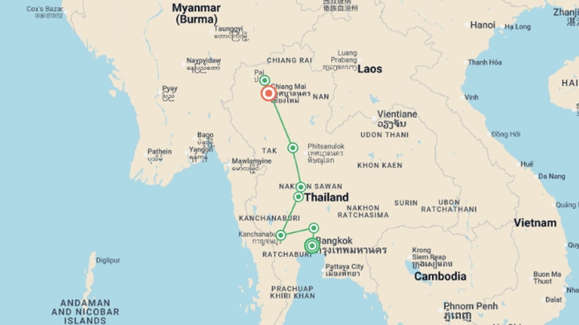 A map showing the tour itinerary for the trip: Premium Northern Thailand, starting in Bangkok, Thailand and ending in Chiang Mai, Thailand going through 5 other destinations.