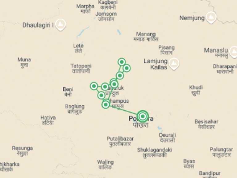 Map itinerary of Nepal Tour in Winter with 9 destination visits for the trip: Annapurna Base Camp Trek 10D/9N (from Pokhara)
