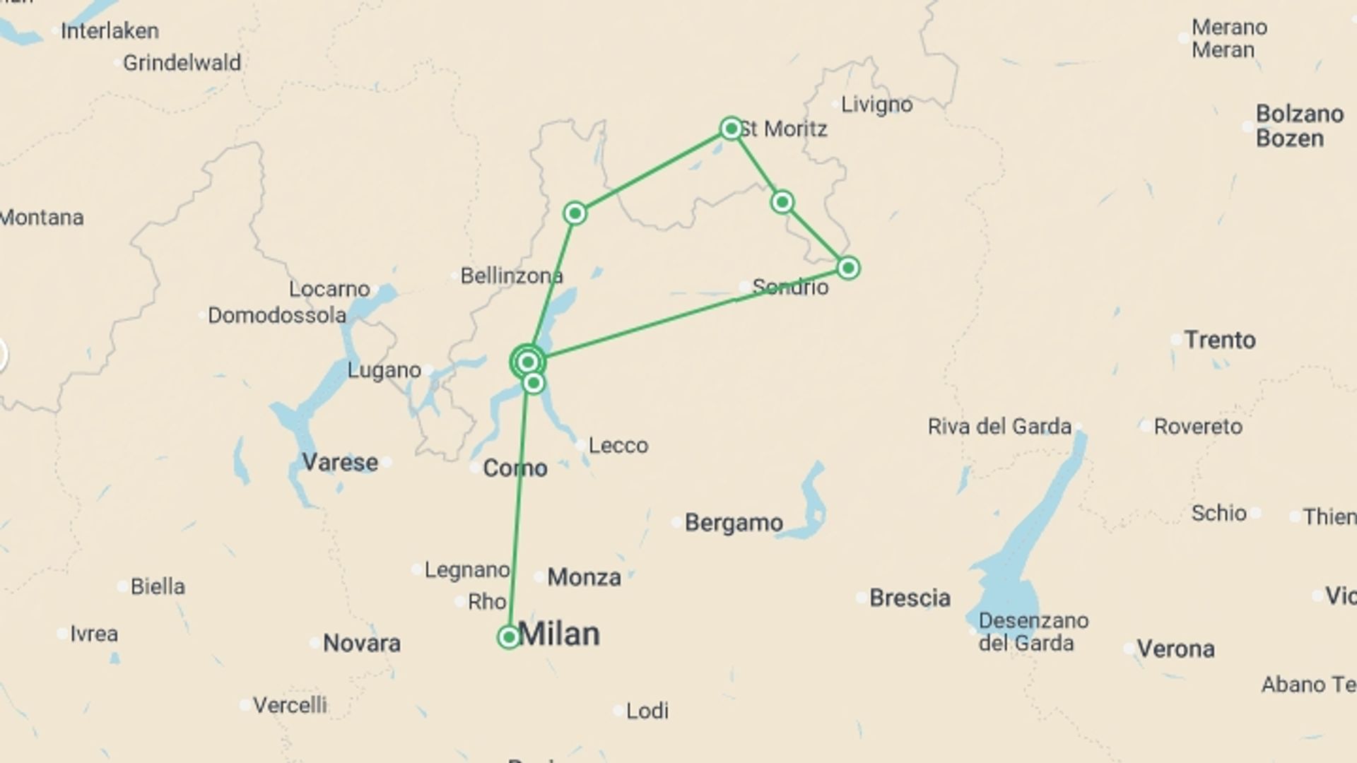 A map showing the tour itinerary for the trip: Lake Como, Saint Moritz & Milan (4 Star) - 8 days, starting in Menaggio, Italy and ending in Menaggio, Italy going through 0 other destinations.