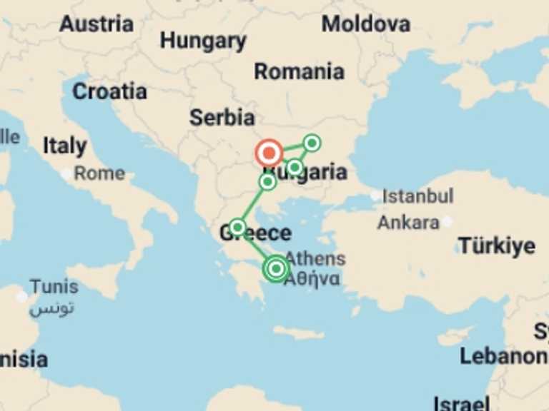 Map of Mediterranean Tour with 6 destination visits for the trip: Northern Greece and the Bulgarian Triangle