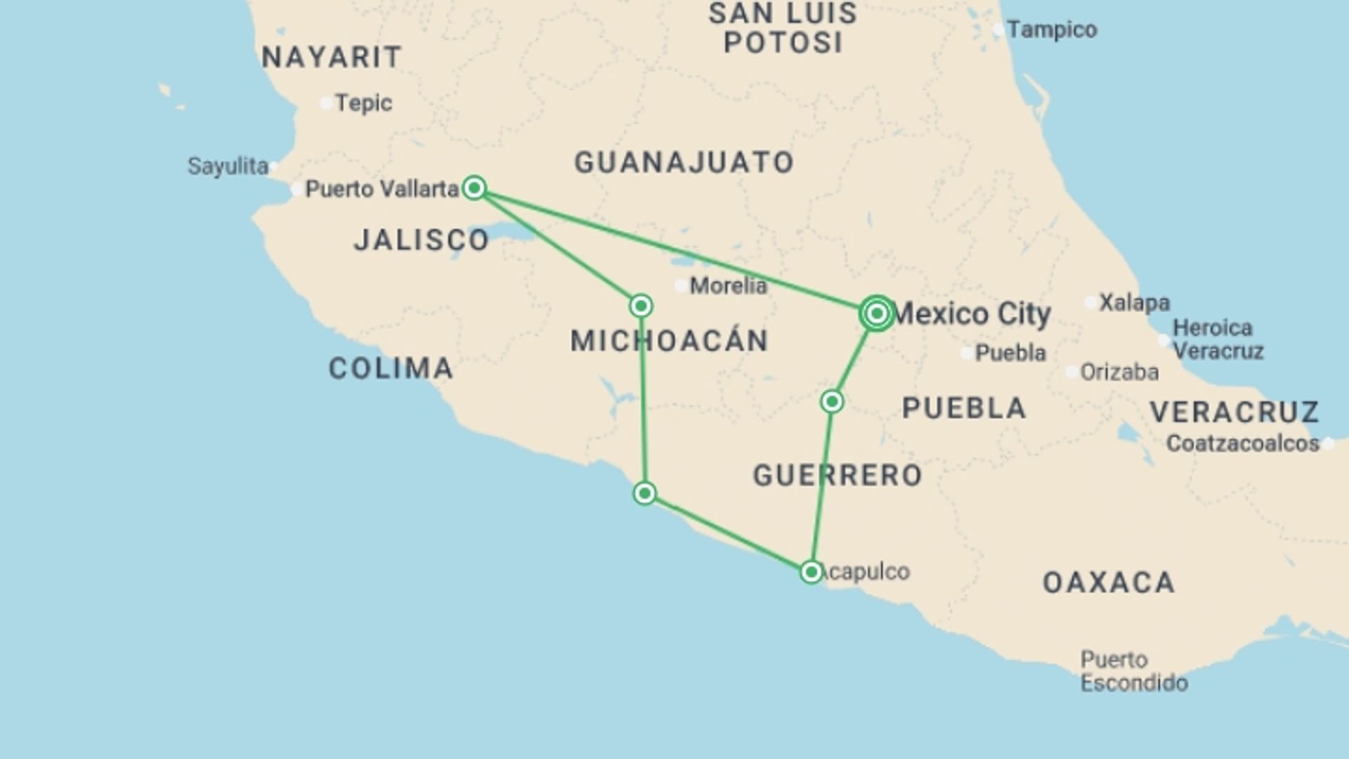 A map showing the tour itinerary for the trip: Tapatío Mexico and Acapulco, starting in Mexico City, Mexico and ending in Mexico City, Mexico going through 5 other destinations.