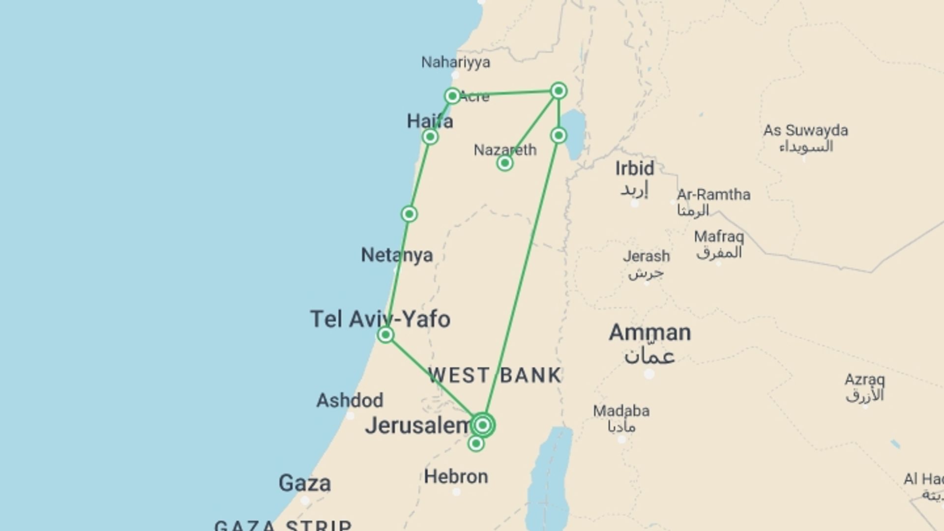 A map showing the tour itinerary for the trip: Holyland Highlights, Spanish-speaking Guide (wednesday), starting in Jerusalem, Israel and ending in Jerusalem, Israel going through 2 other destinations.