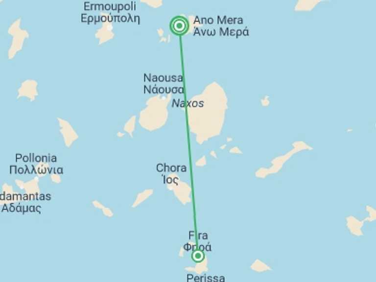 Map of Santorini Beach Tour with 2 destination visits for the trip: Island Hopping, The Cyclades Gems: Mykonos, Santorini