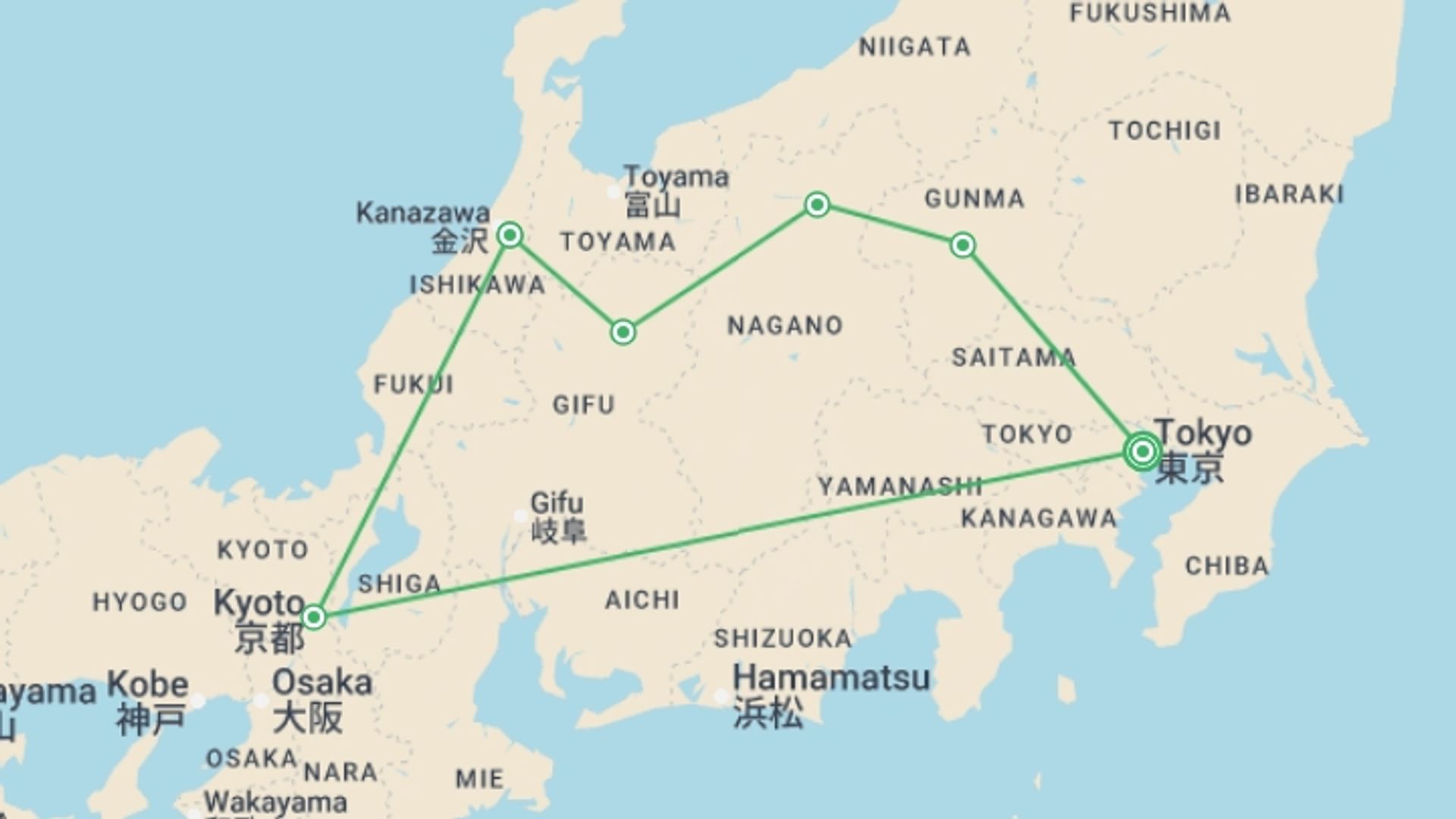 A map showing the tour itinerary for the trip: Feudal Japan with Japanese Alps, starting in Tokyo, Japan and ending in Tokyo, Japan going through 5 other destinations.