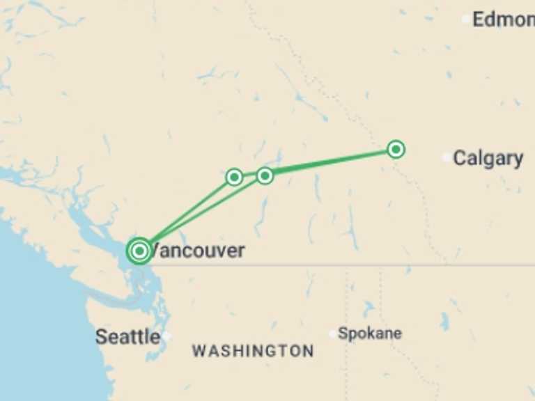 Map of a Sightseeing, attractions, culture and history Tour with 4 destination visits for the trip: Vancouver, Banff & Rockies Winter - 5 days