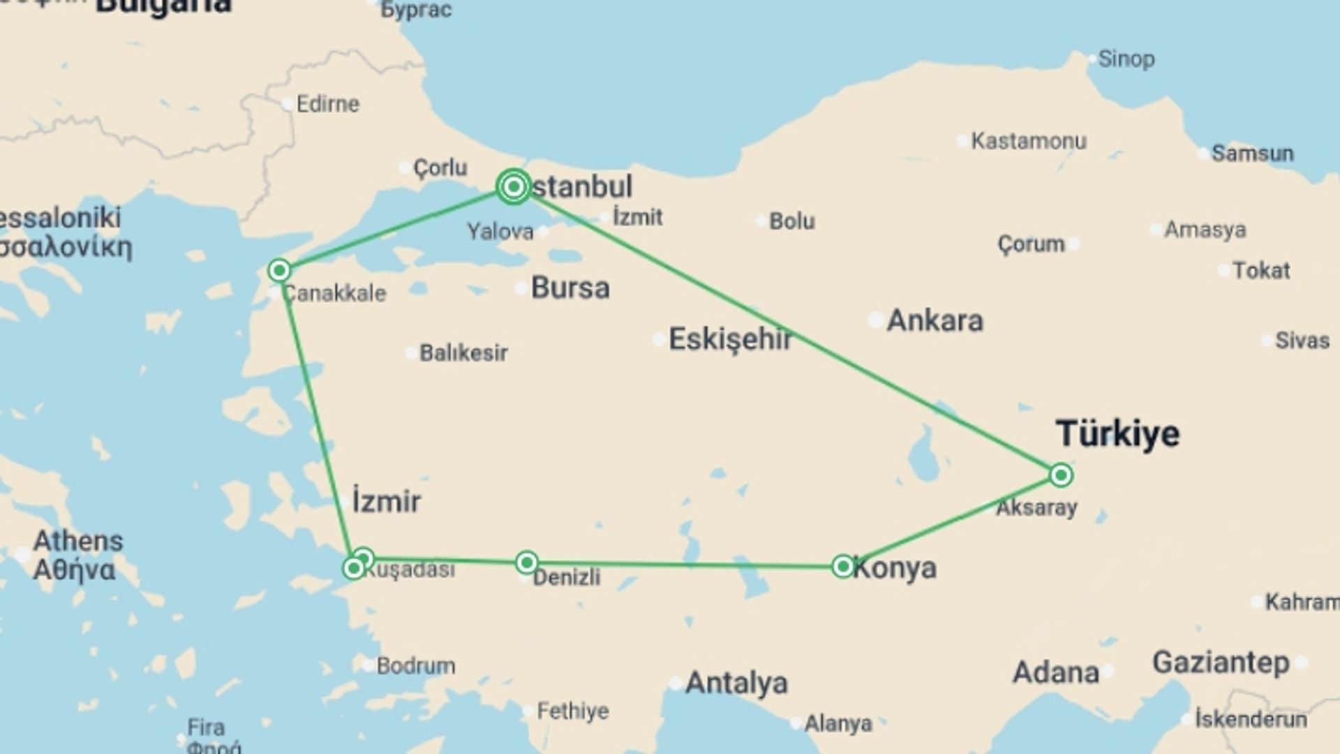A map showing the tour itinerary for the trip: Highlights of Turkey - 9 days, starting in Istanbul, Turkey and ending in Istanbul, Turkey going through 5 other destinations.