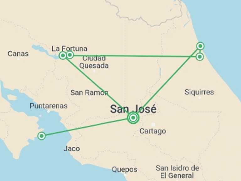 Map of San Jose Rainforest and jungle visits Tour with 6 destination visits for the trip: Costa Rica Highlights