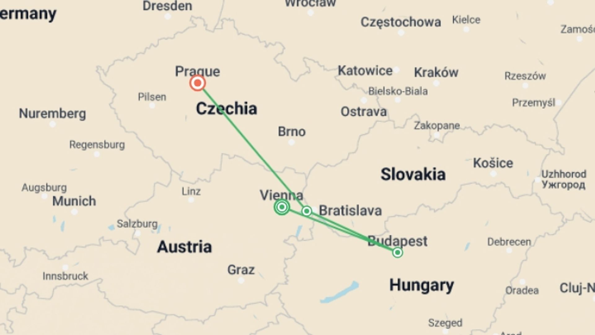 A map showing the tour itinerary for the trip: Imperial Capitals AR, starting in Vienna, Austria and ending in Prague, Czech Republic going through 0 other destinations.