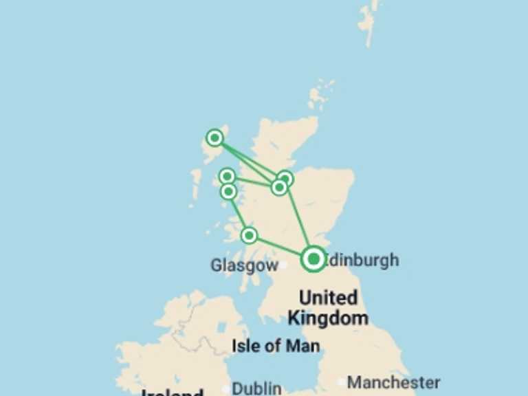 Map of 8-Day UK and Britain Tour with 7 destination visits for the trip: West Scotland & Islands - 8 days