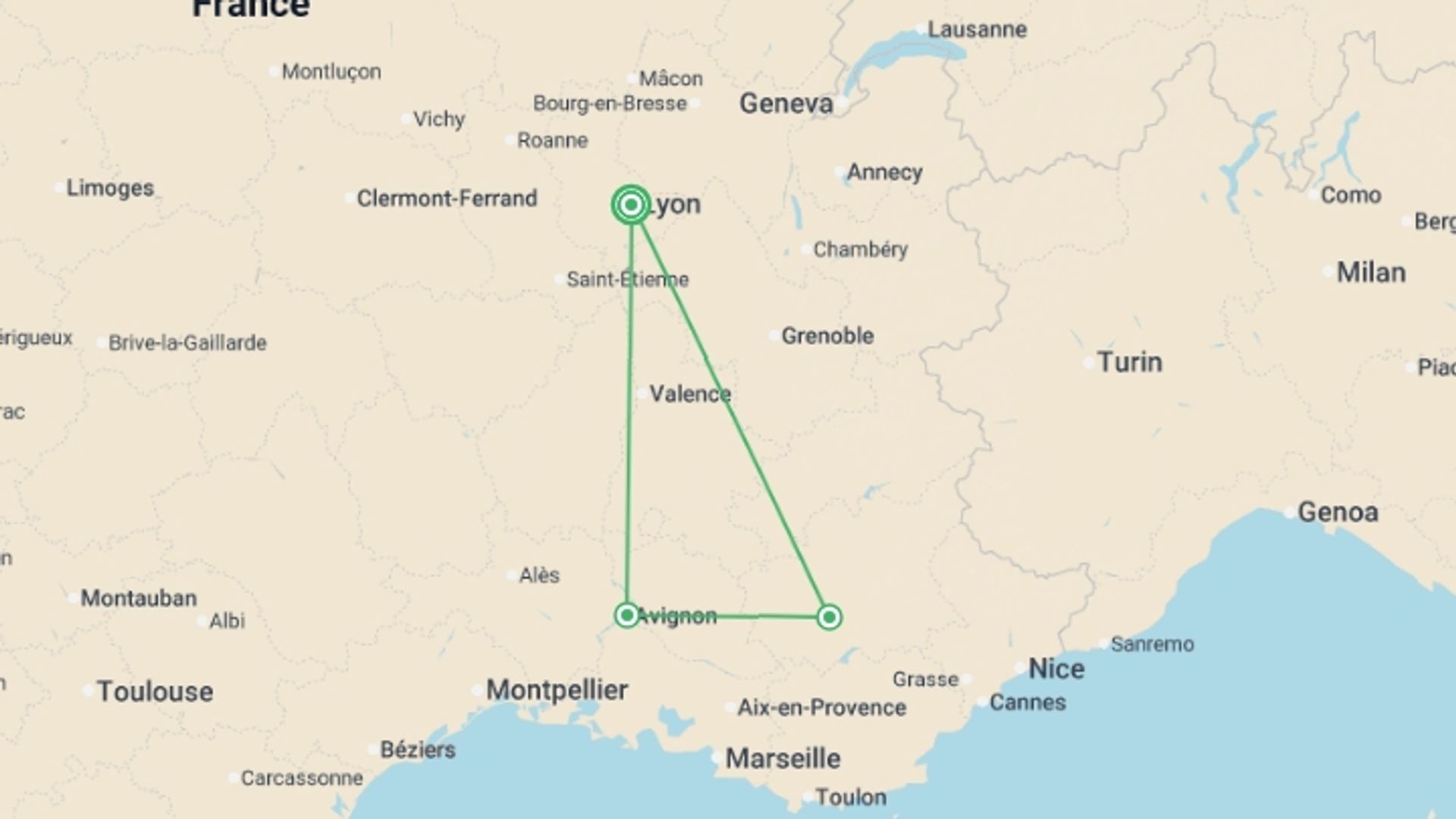 A map showing the tour itinerary for the trip: Provençal New Year's Eve in the Rhône Valley (port-to-port cruise), starting in Lyon, France and ending in Lyon, France going through 2 other destinations.