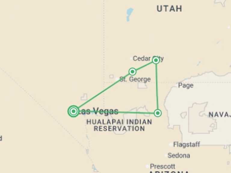 Map itinerary of USA Tour in Fall with 3 destination visits for the trip: Incredible Canyons of the West Experience 3D/2N (from Las Vegas)