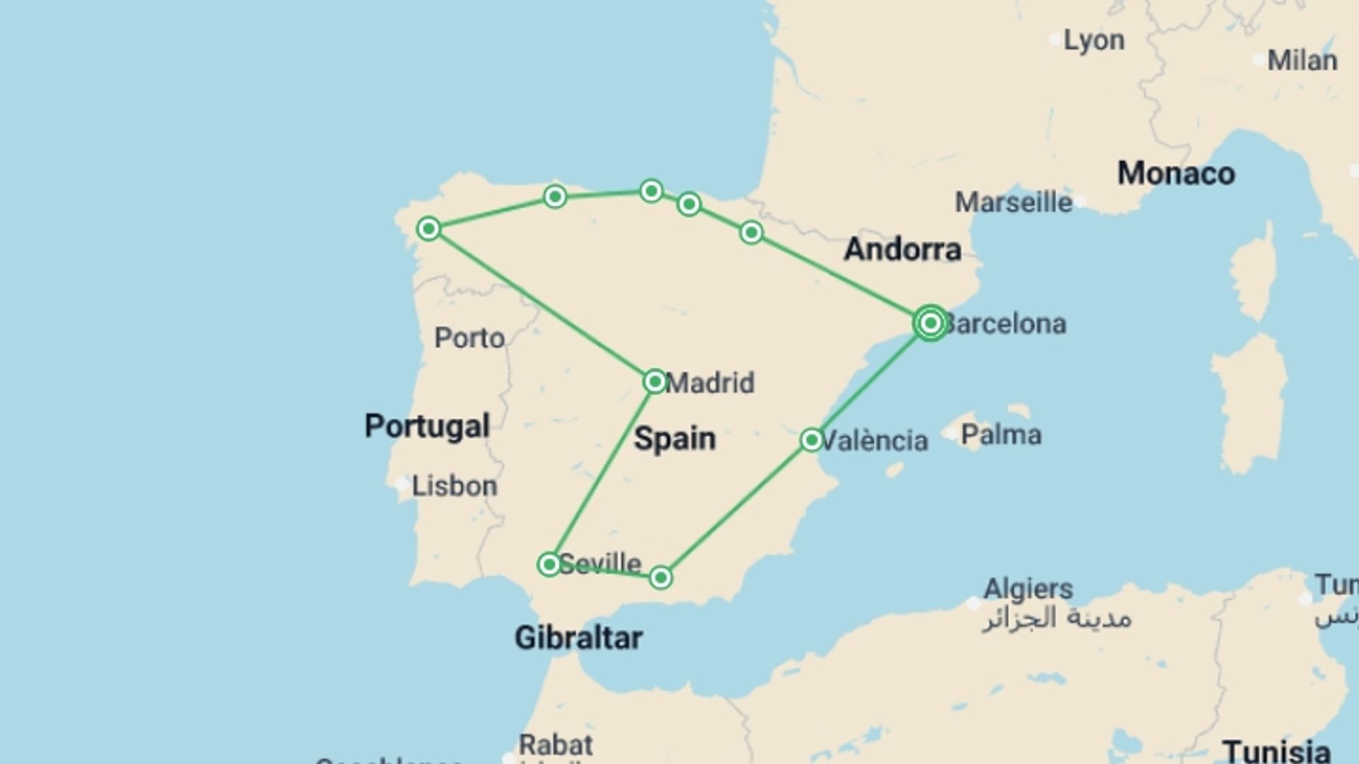 A map showing the tour itinerary for the trip: Spanish Heritage, starting in Barcelona, Spain and ending in Barcelona, Spain going through 9 other destinations.