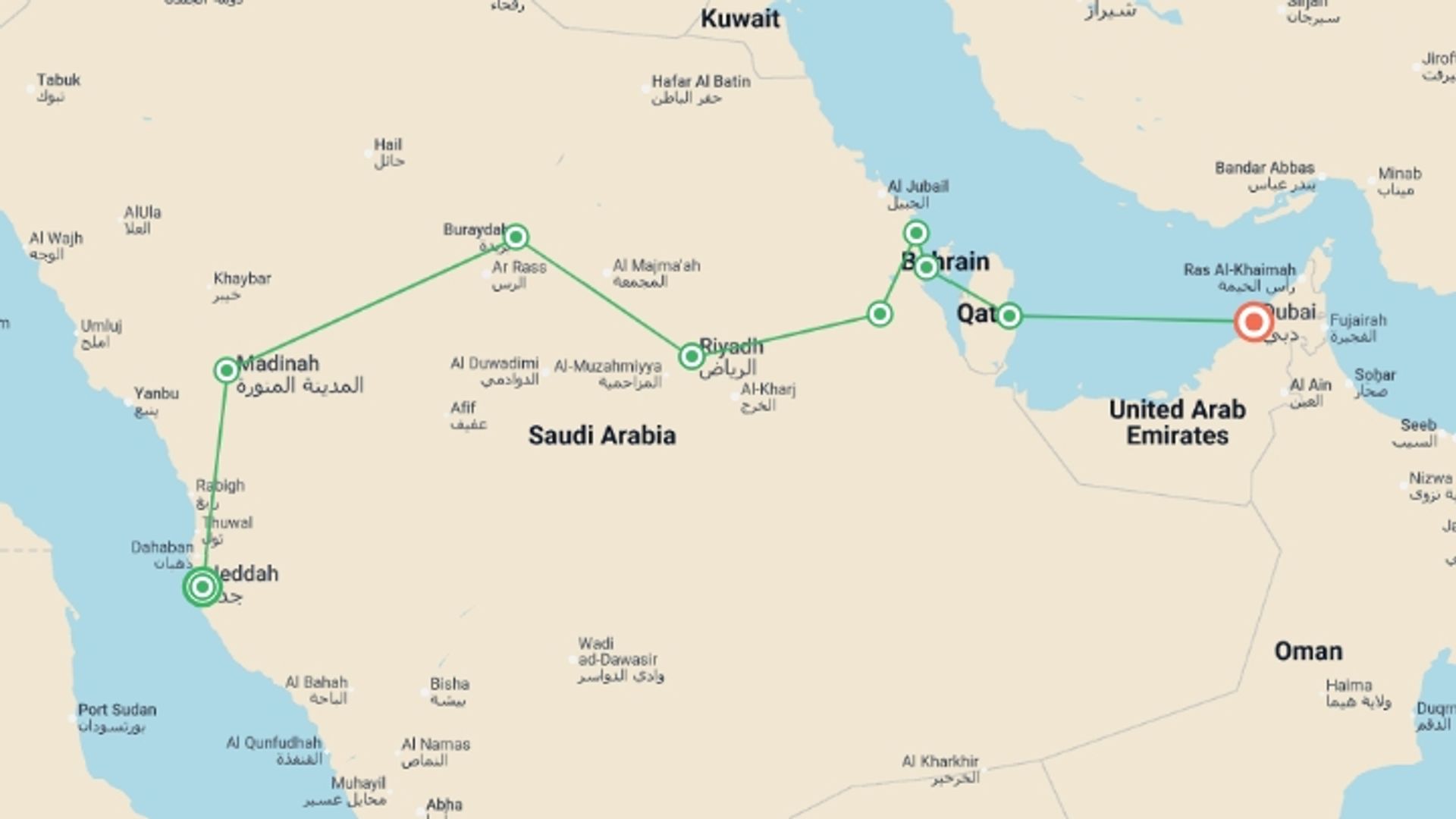 A map showing the tour itinerary for the trip: Saudi Arabia with Bahrain, Qatar and Emirates end Dubai, starting in Jeddah, Saudi Arabia and ending in Dubai, UAE going through 7 other destinations.