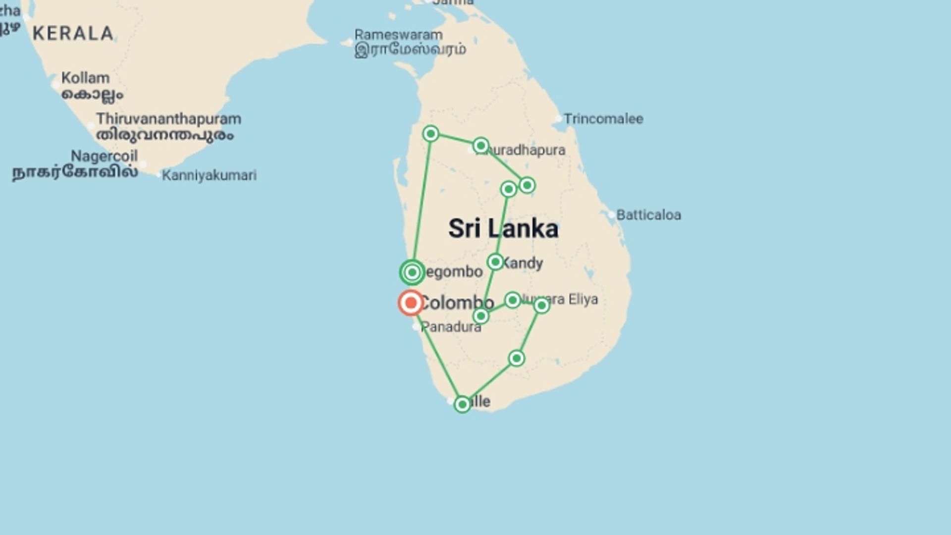 A map showing the tour itinerary for the trip: Sri Lanka in Depth, starting in Negombo, Sri Lanka and ending in Colombo, Sri Lanka going through 10 other destinations.