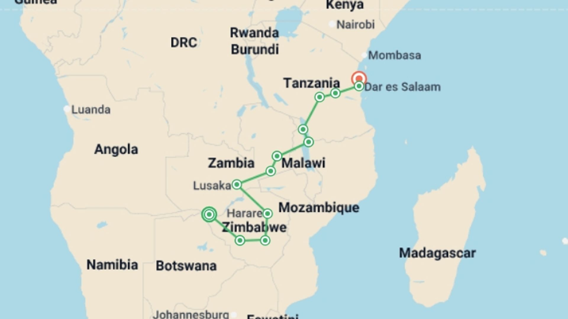 A map showing the tour itinerary for the trip: Vic Falls to Stone Town, starting in Victoria Falls, Zimbabwe and ending in Zanzibar, Tanzania going through 12 other destinations.
