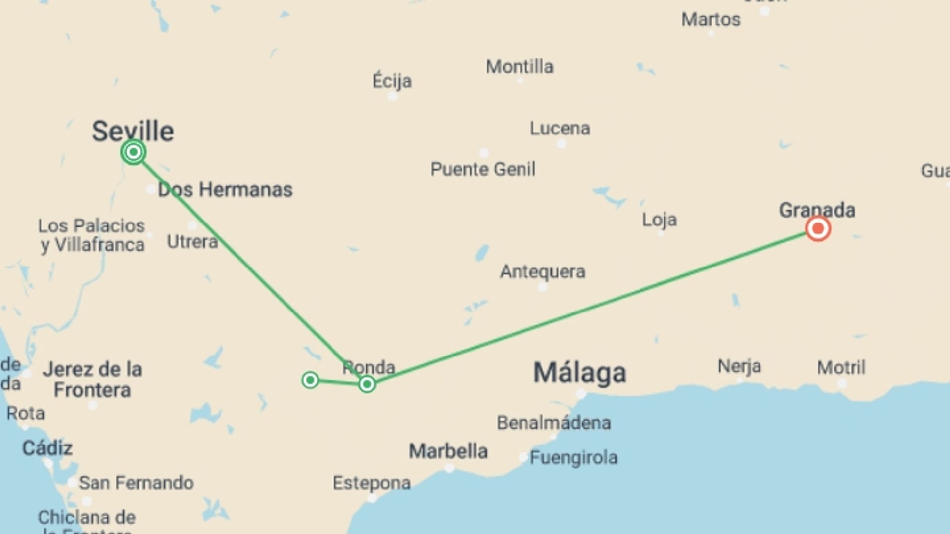 A map showing the tour itinerary for the trip: Highlights of Andalucia, starting in Seville, Spain and ending in Granada, Spain going through 2 other destinations.