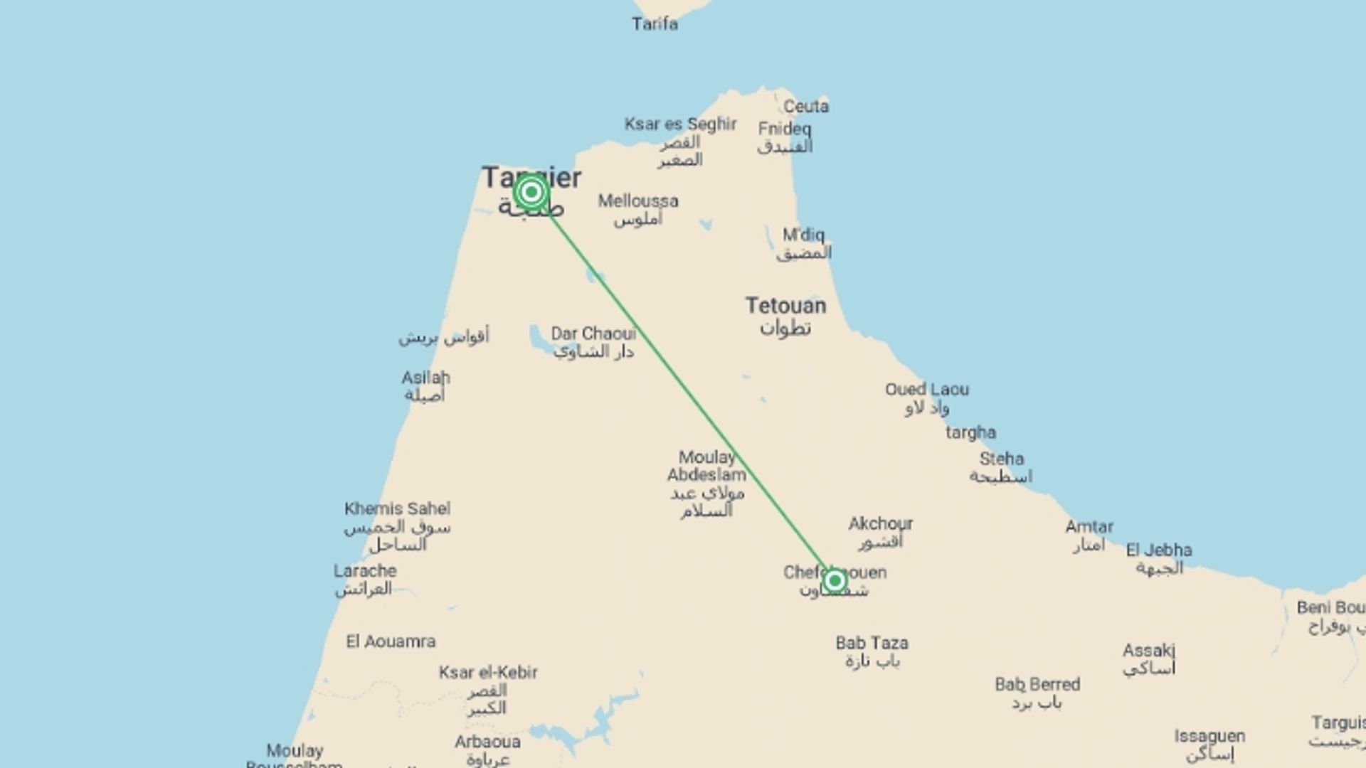 A map showing the tour itinerary for the trip: Morocco Eclipse 2027: Quick Escape, Cosmic Show, starting in Tangier, Morocco and ending in Tangier, Morocco going through 1 other destinations.