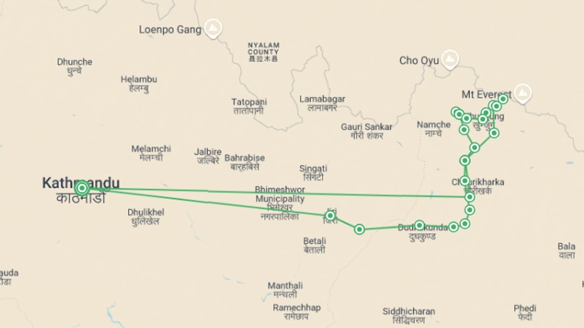 A map showing the tour itinerary for the trip: Jiri to Everest Base Camp Trek, starting in Kathmandu, Nepal and ending in Kathmandu, Nepal going through 17 other destinations.