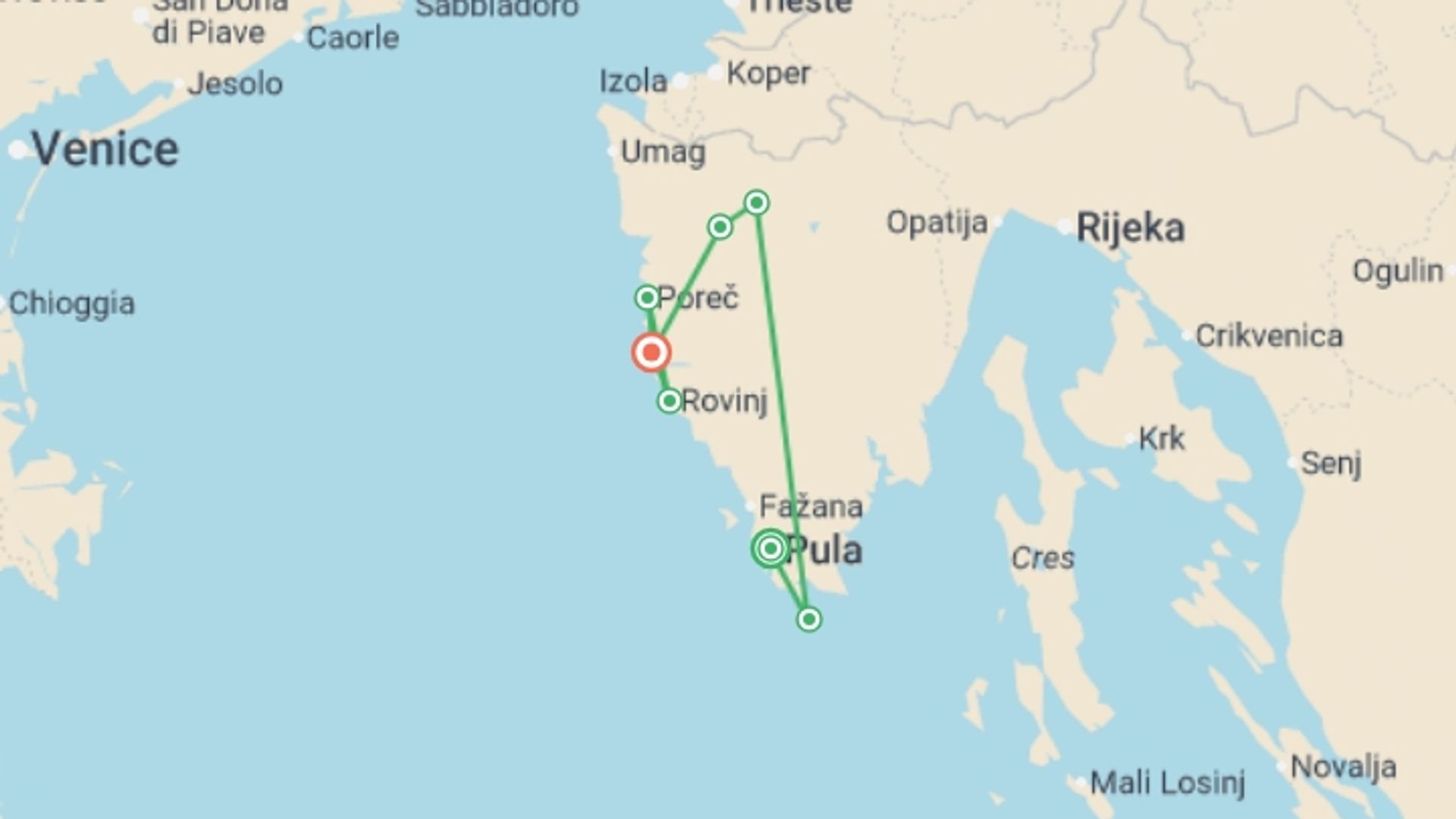 A map showing the tour itinerary for the trip: Walking Croatia's Istrian Peninsula, starting in Pula, Croatia and ending in Vrsar, Croatia going through 5 other destinations.
