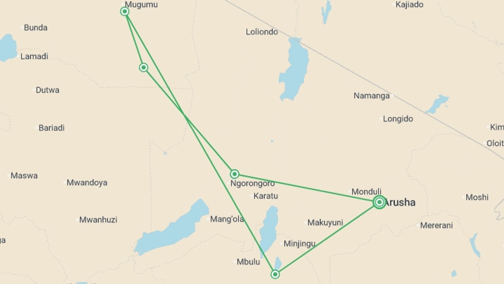 A map showing the tour itinerary for the trip: 6-Day Safari in Tarangire, Serengeti, Ngorongoro& Manyara, starting in Arusha, Tanzania and ending in Arusha, Tanzania going through 6 other destinations.
