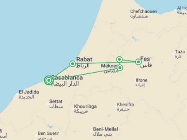 Map of Mediterranean Tour with 2 destination visits for the trip: Casablanca & Fes - 5 days