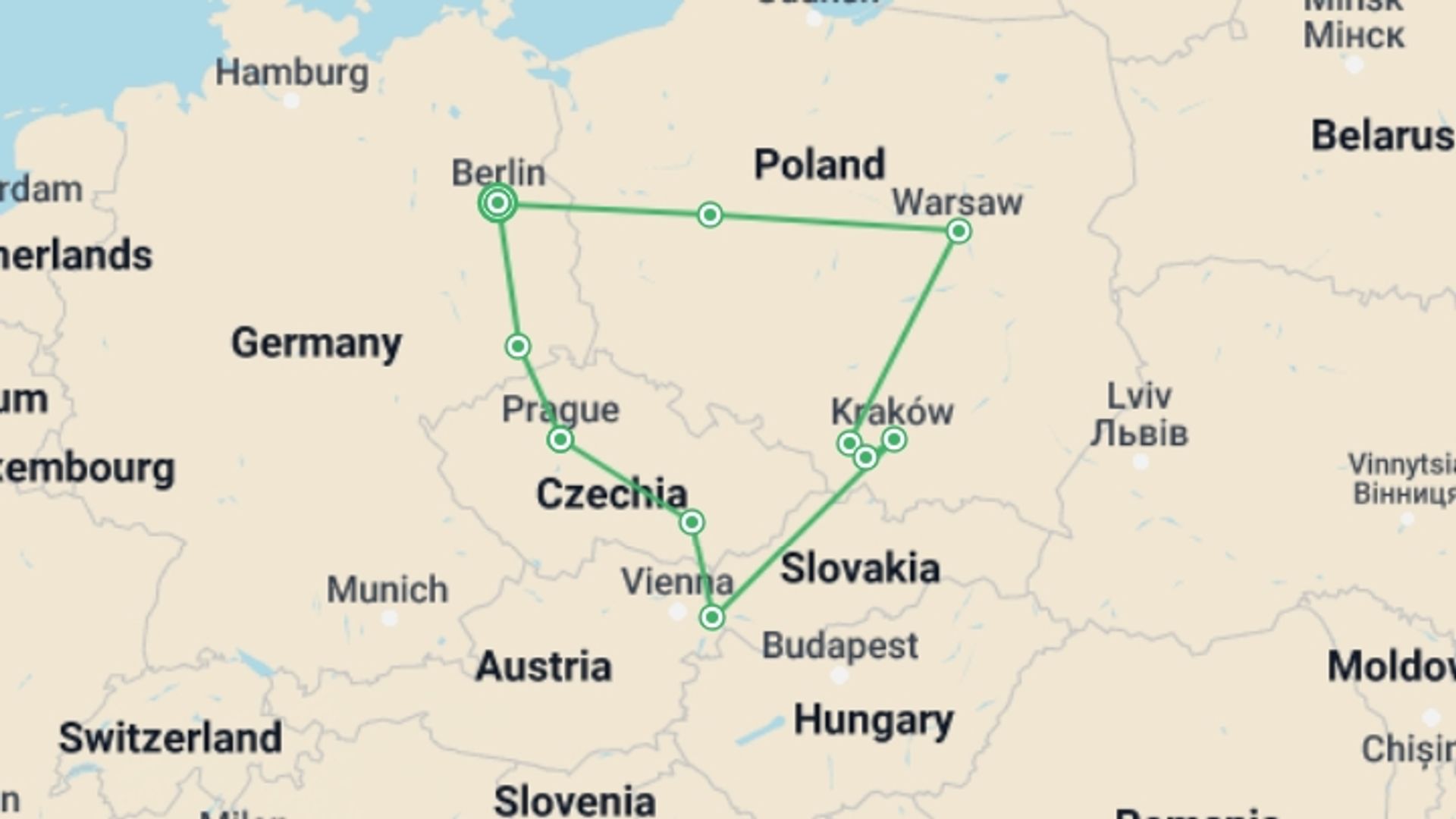 A map showing the tour itinerary for the trip: Berlin and the Best of Poland, starting in Berlin, Germany and ending in Berlin, Germany going through 5 other destinations.