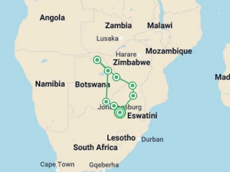 Map itinerary of Botswana Tour in May 2026 with 9 destination visits for the trip: South Africa & Botswana Self-driving Trip