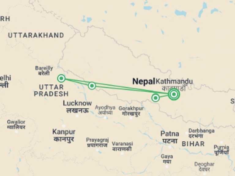 Map of Kathmandu Sightseeing Tour with 5 destination visits for the trip: Nepal Wildlife Safari Luxury Tour