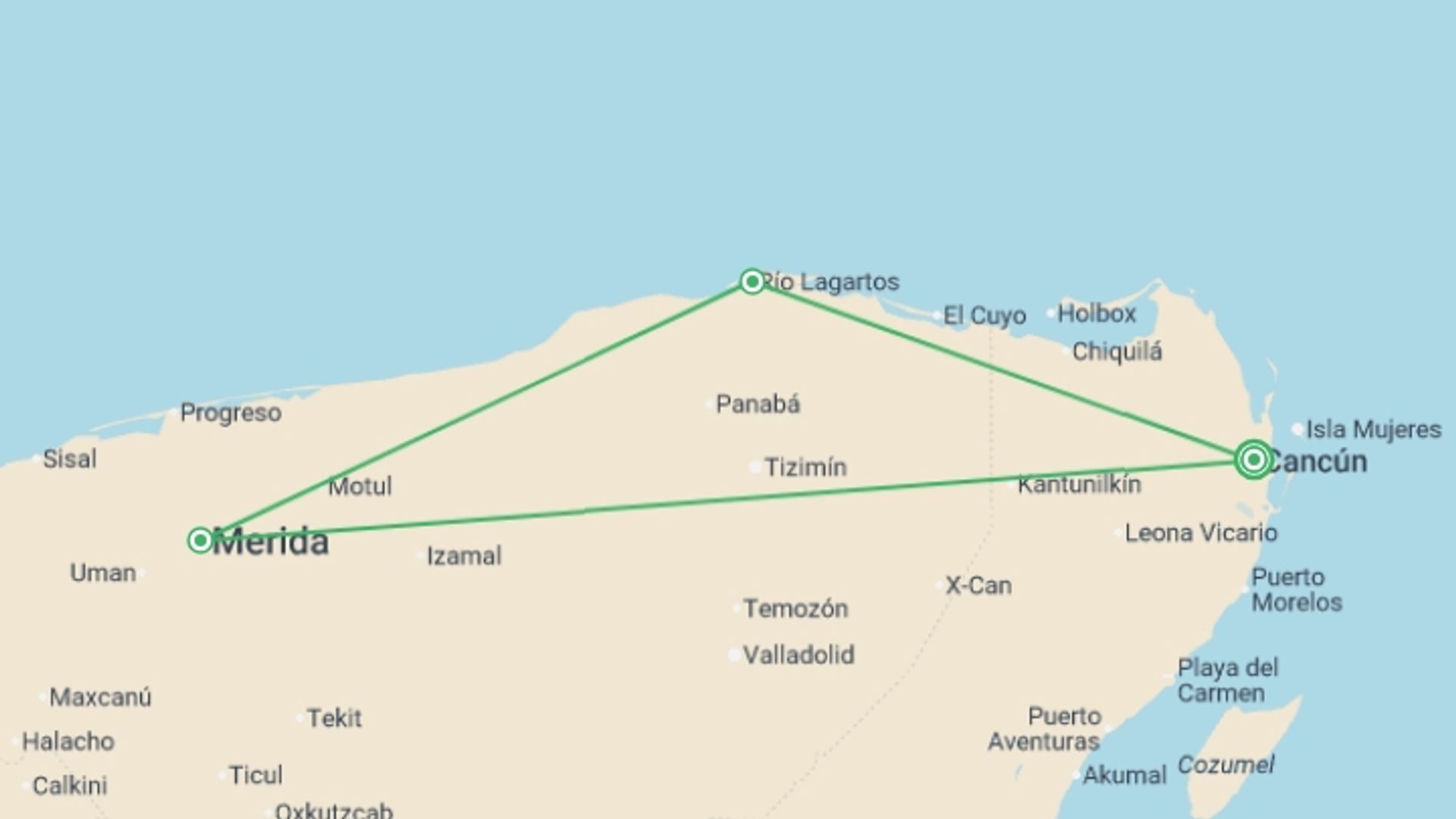 A map showing the tour itinerary for the trip: Yucatan Pearls, starting in Cancún, Mexico and ending in Cancún, Mexico going through 2 other destinations.