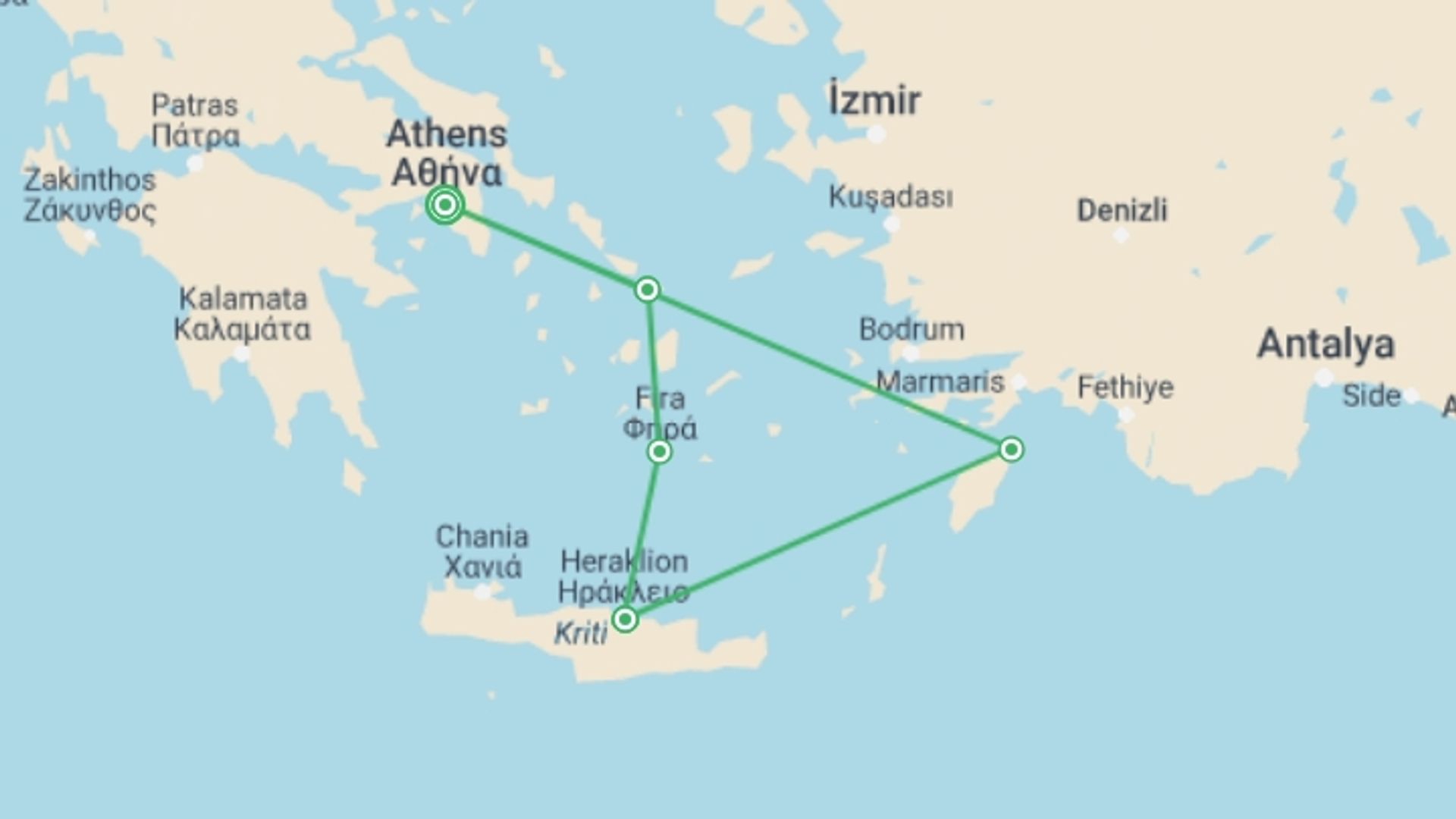 A map showing the tour itinerary for the trip: Essential Greece with Mykonos, starting in Athens, Greece and ending in Athens, Greece going through 4 other destinations.