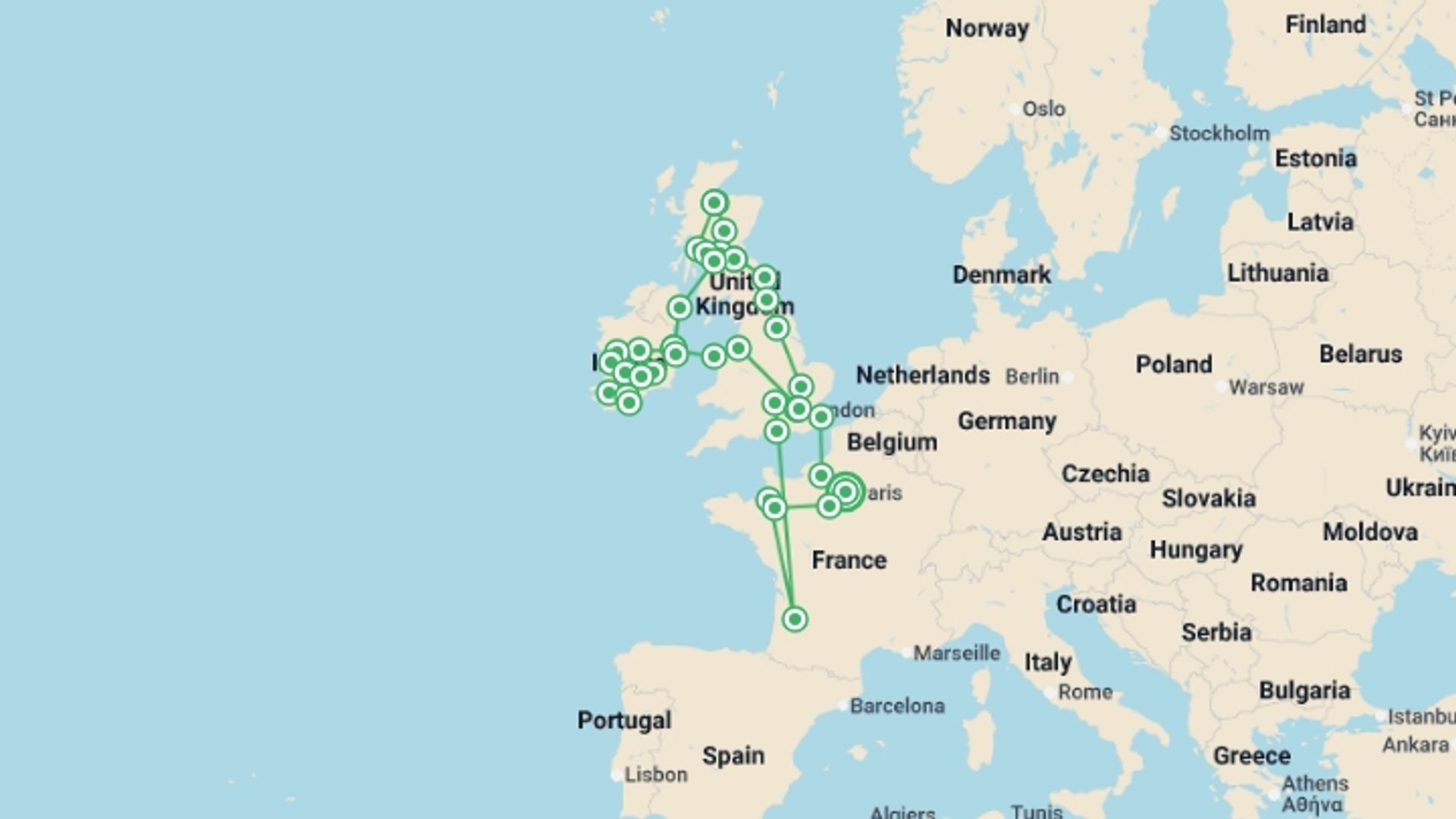 A map showing the tour itinerary for the trip: British Isles with Brittany, starting in Paris, France and ending in Paris, France going through 12 other destinations.