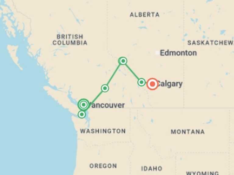 Map of 9-Day Canada Tour with 7 destination visits for the trip: Spectacular Canadian Rockies
