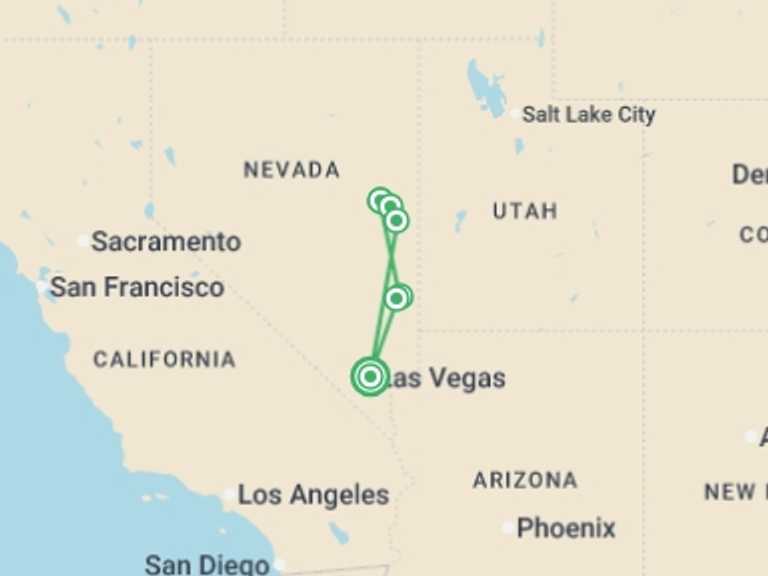 Map of 7-Day USA Tour with 6 destination visits for the trip: Nevada Hiking, Biking & Railroads - 7 days