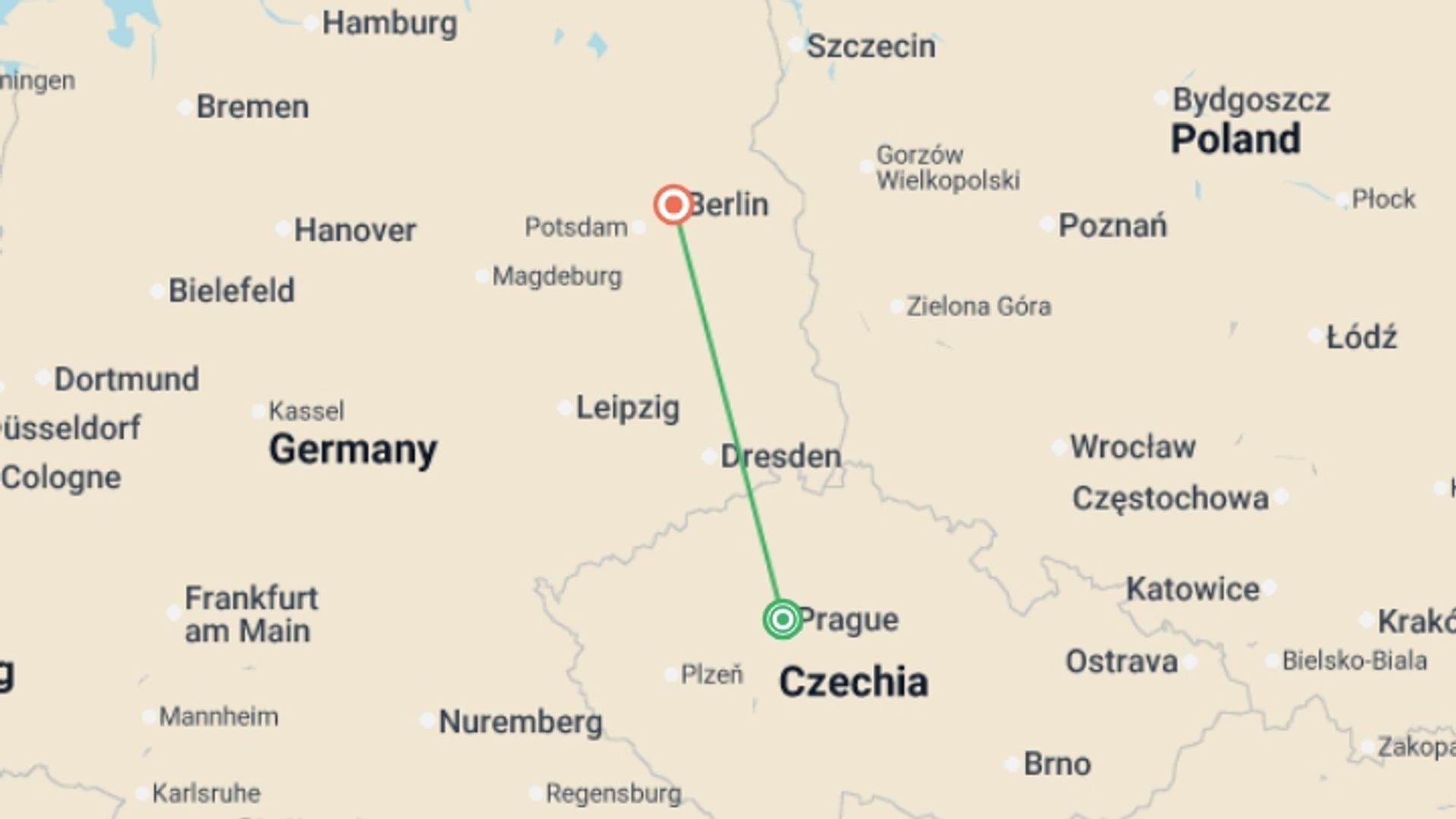 A map showing the tour itinerary for the trip: From Prague to Berlin, starting in Prague, Czech Republic and ending in Berlin, Germany going through 0 other destinations.