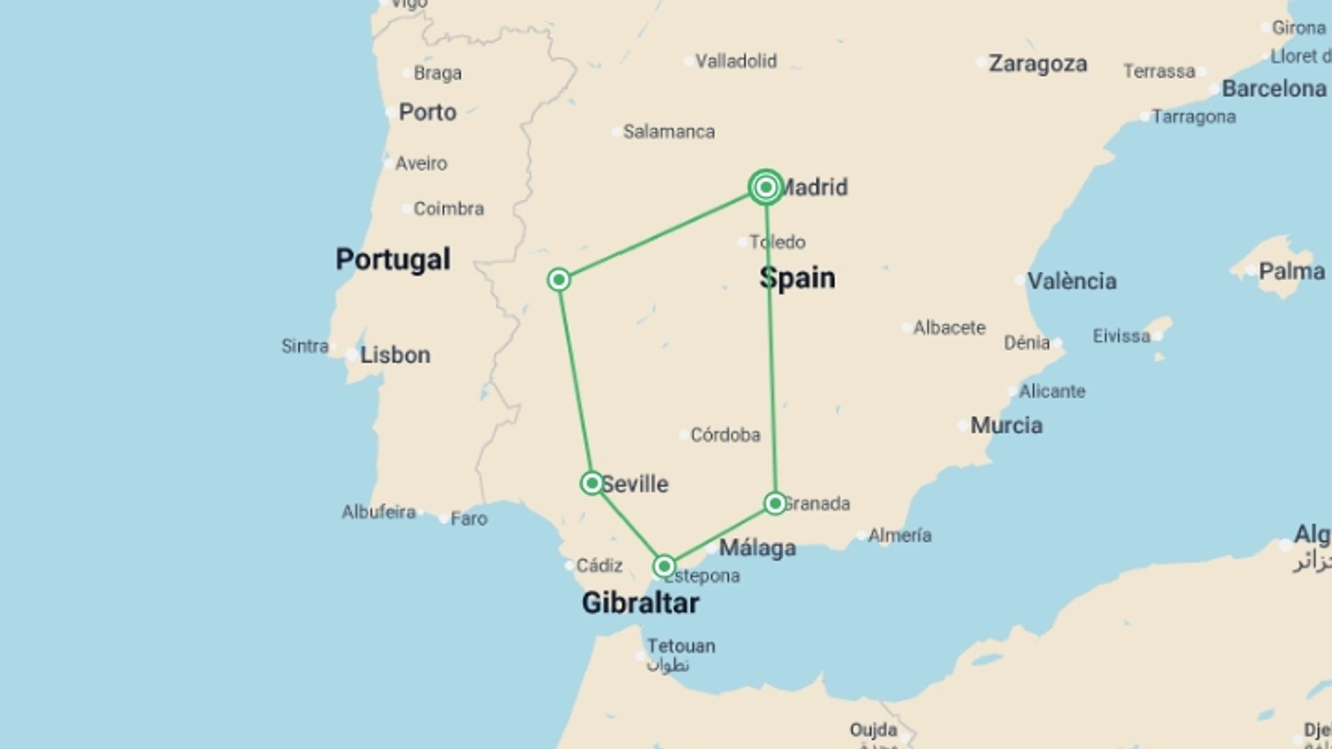 A map showing the tour itinerary for the trip: Andalucia Getaway - 5 days, starting in Madrid, Spain and ending in Madrid, Spain going through 3 other destinations.
