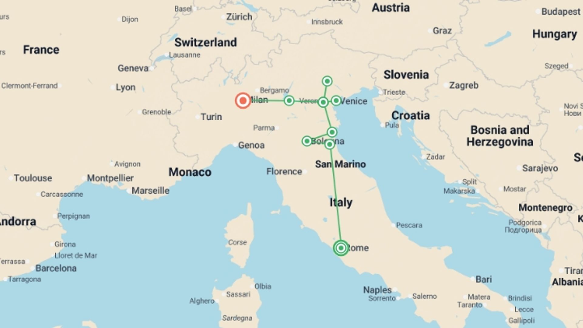 A map showing the tour itinerary for the trip: Best of Northern Italy - 6 days, starting in Rome, Italy and ending in Milan, Italy going through 3 other destinations.